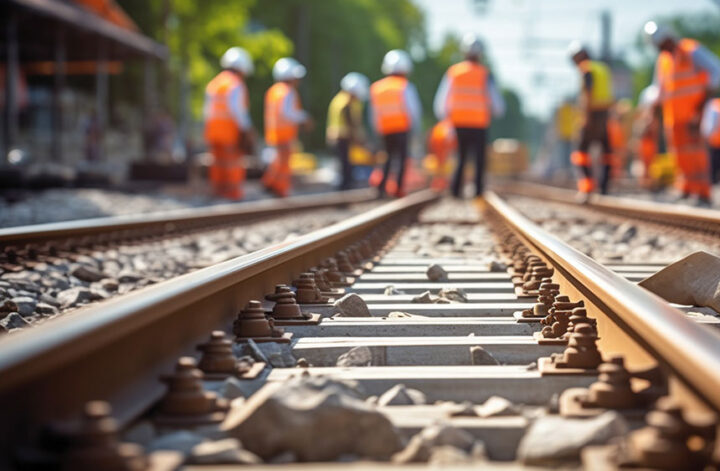 Foto zum Blogartikel "Sanierung der Bahnstrecke Hamburg–Berlin 2025/26: Alle wichtigen Infos": Man sieht eine Nahaufnahme von Bahngleisen, im Hintergrund arbeiten Bahnarbeiter in Warnwesten.