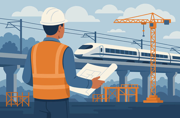 Illustration zum Blogartikel "Baustelle Bahn Hamburg–Berlin: Orientierung im Ausnahmebetrieb": Bauingenieur mit Helm und Plänen blickt auf Baustelle: Hochgeschwindigkeitszug auf erhöhter, elektrifizierter Trasse, Turmdrehkran und Gerüste – Ausbau der Bahnstrecke Hamburg–Berlin.