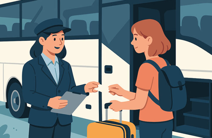 Illustration zum Blogartikel "Bus Ticket Hamburg–Berlin: Dein kurzer Guide vom Klick bis zum Sitzplatz": Mitfahrgelegenheit: Reisende mit Rucksack und Koffer zeigt ihr Busticket einer Fahrerin vor dem geöffneten Reisebus – Ticketkontrolle vorm Einstieg.